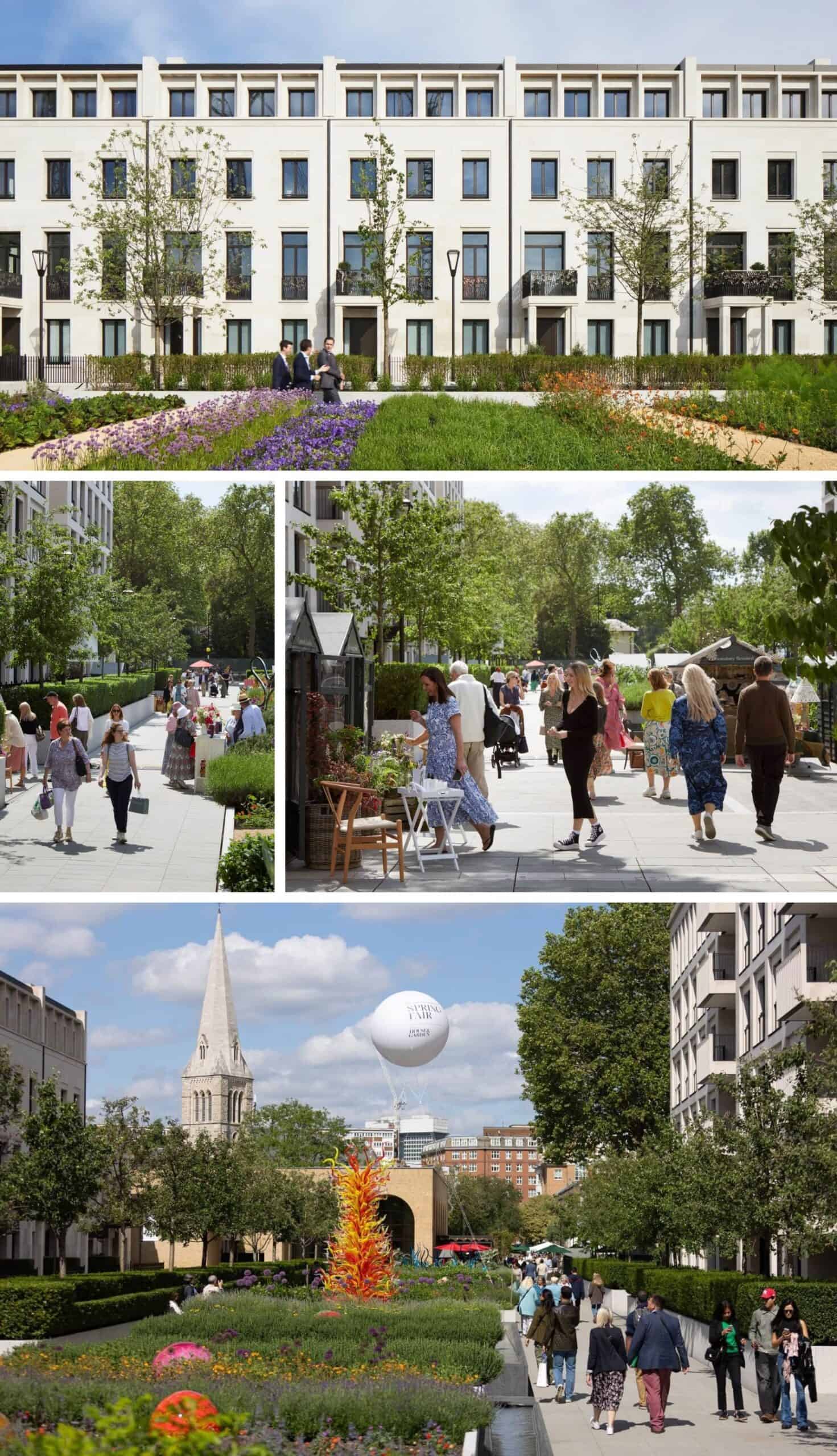 A collage of three images shows landscaped urban gardens, people walking along tree-lined paths, outdoor seating, a white modern building facade, and a church steeple in the background.