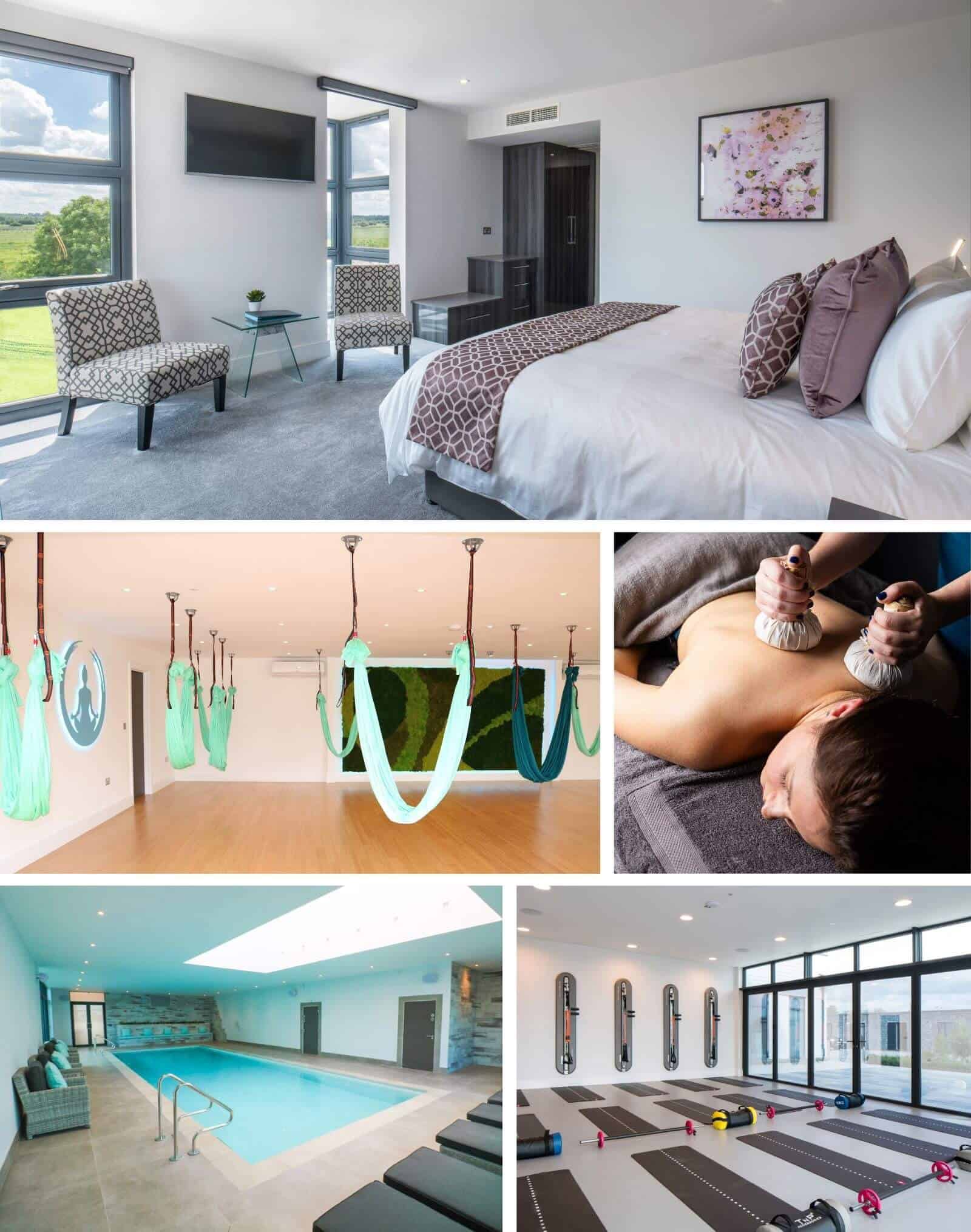 A collage showing a modern hotel room, a yoga studio with suspended hammocks, a person getting a hot stone massage, an indoor swimming pool, and a bright fitness studio with yoga mats.
