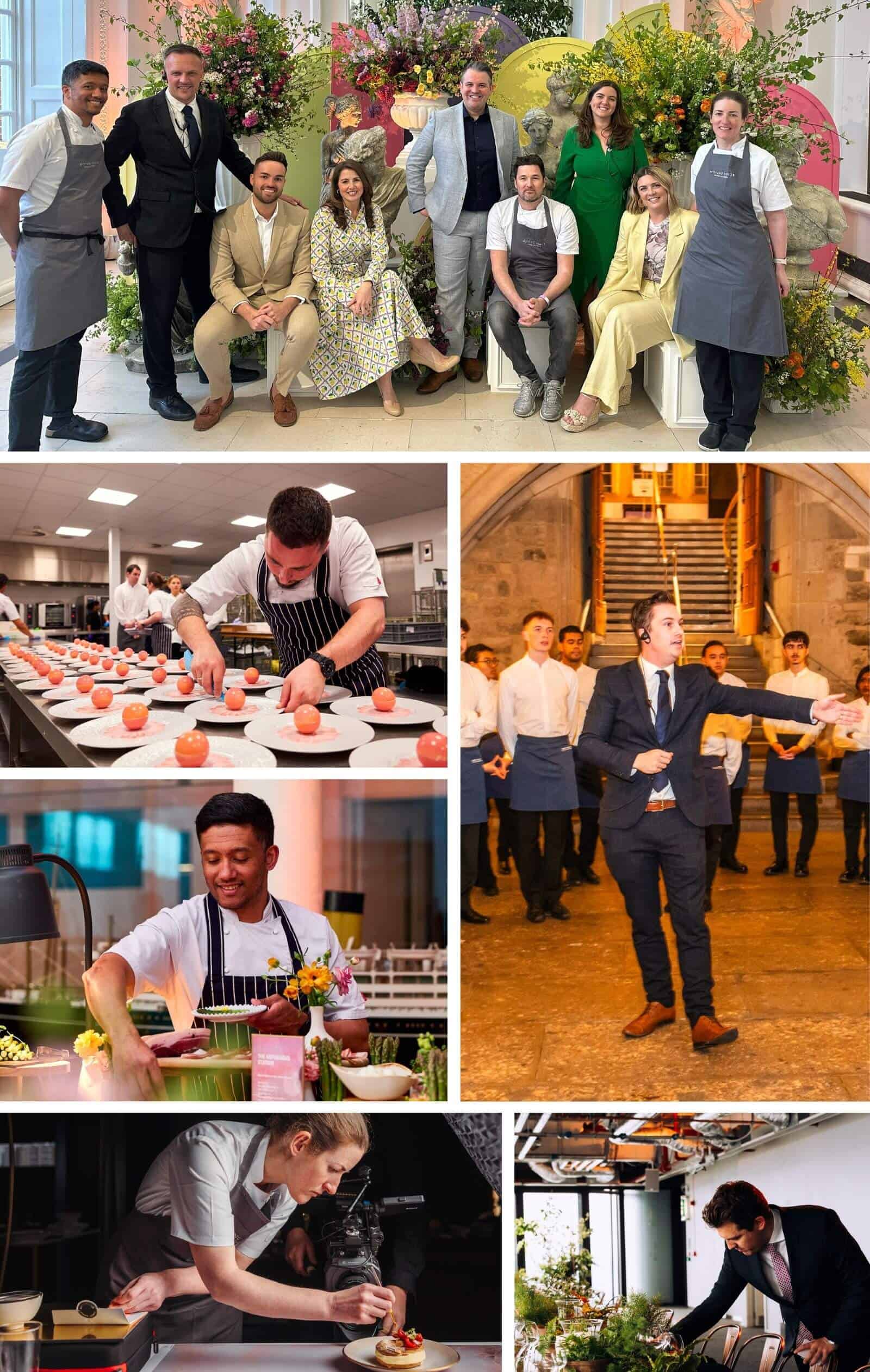 A collage of people in the culinary industry: group portraits, chefs preparing dishes in a kitchen, a man in a suit at an event, and individuals arranging food and flowers.