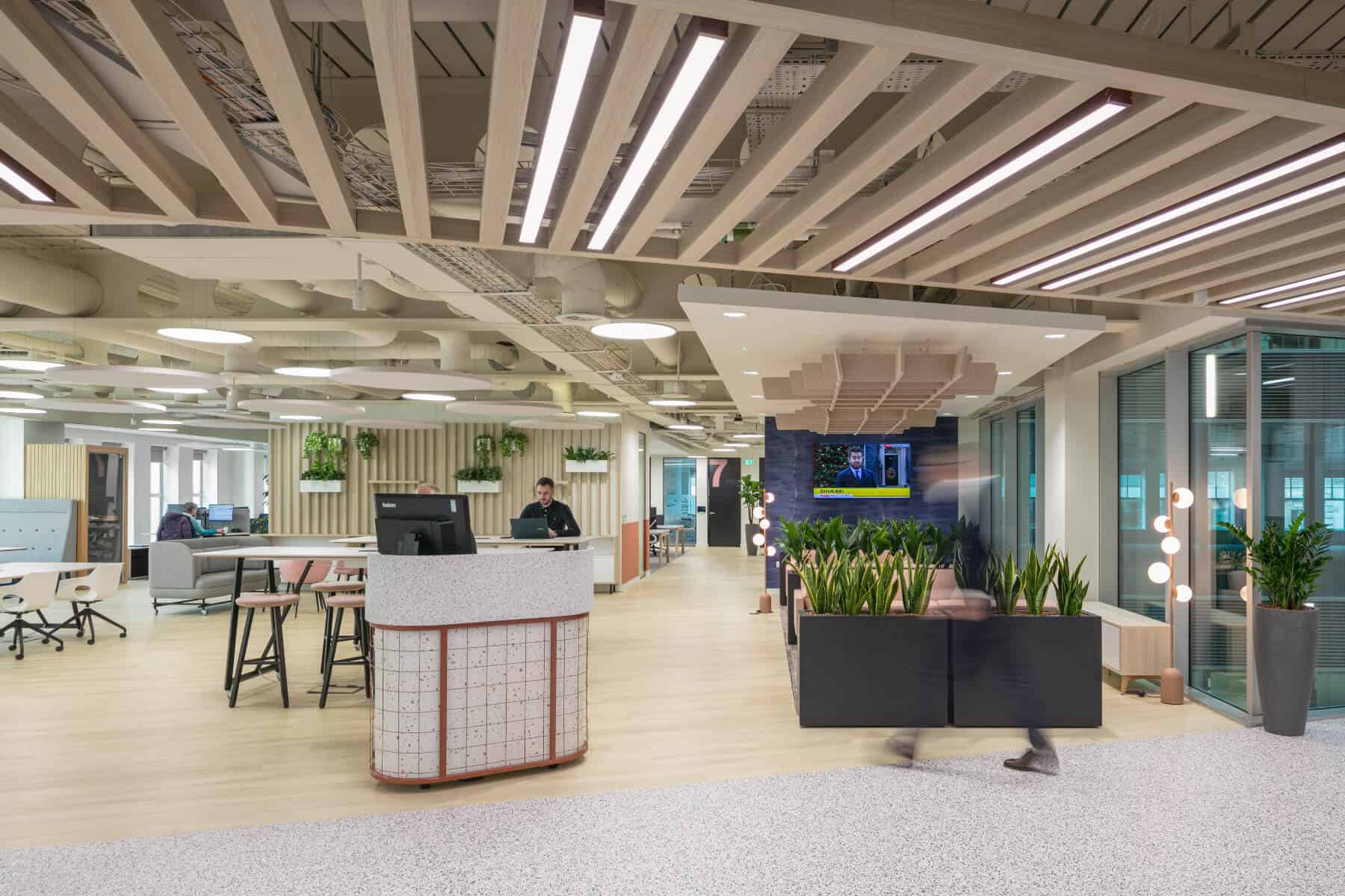 Modern open-plan office with natural light, wood flooring, ceiling beams, potted plants, and workstations. A person walks past a reception desk, while another works at a counter in the background.