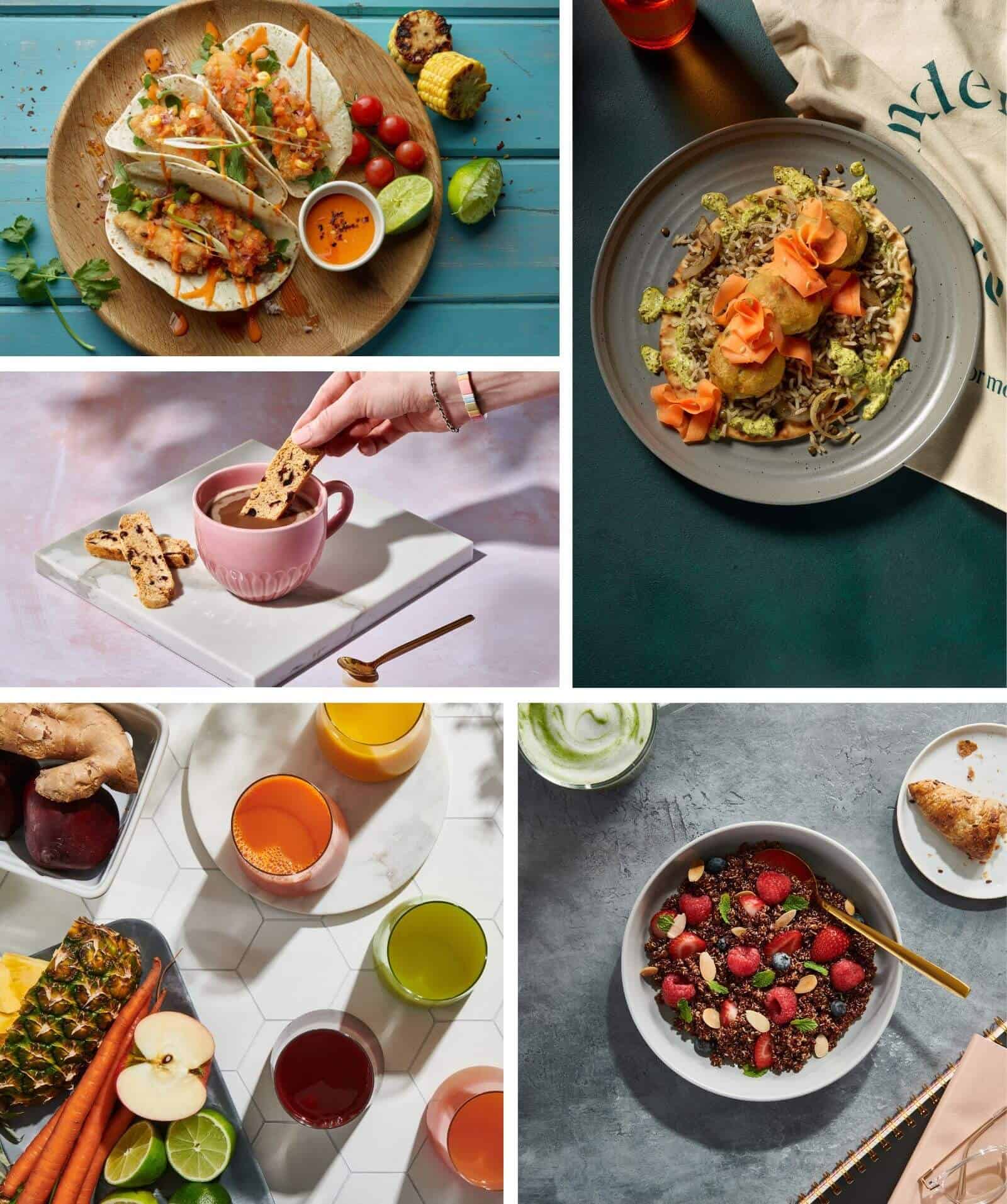 A collage of five food dishes: tacos with lime and salsa, a poke bowl with salmon, a hand dipping a cookie in tea, colorful juices with fruits and vegetables, and a bowl of granola with yogurt and berries.